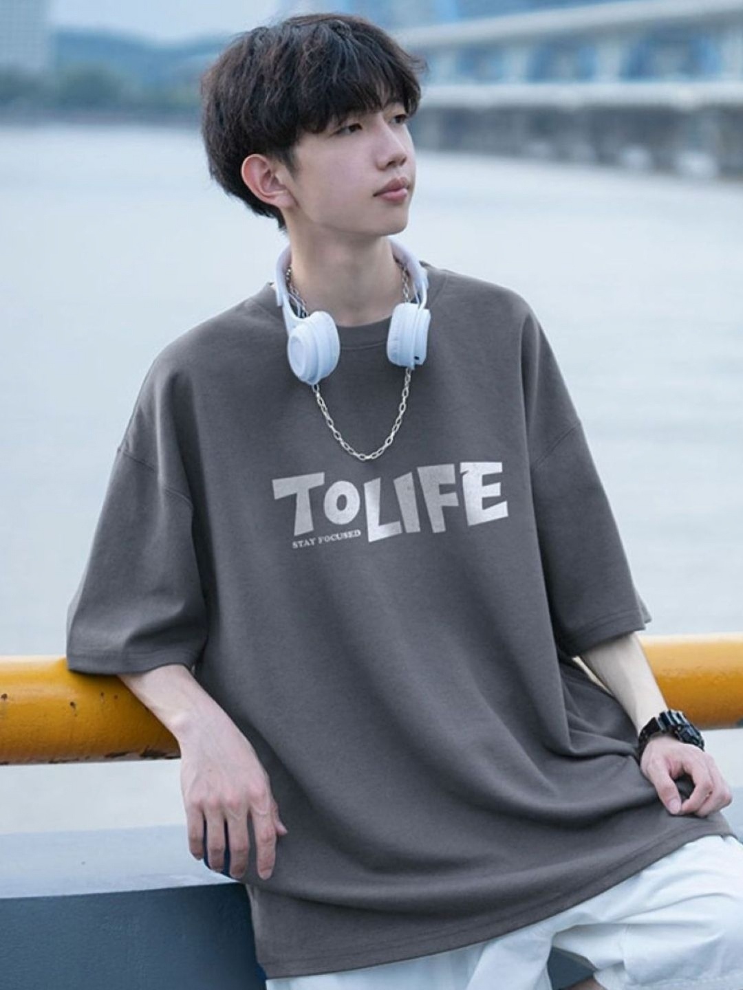 

HERE&NOW Men Typography Printed Round Neck Cotton Oversized T-shirt, Grey