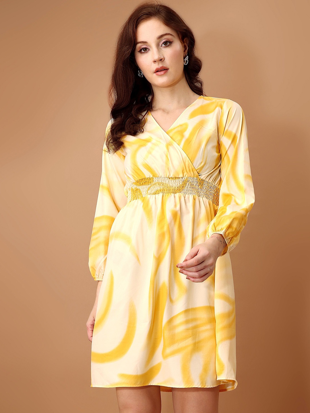 

DressBerry Abstract Printed Waist Smocking Detail Fit & Flare Dress, Yellow