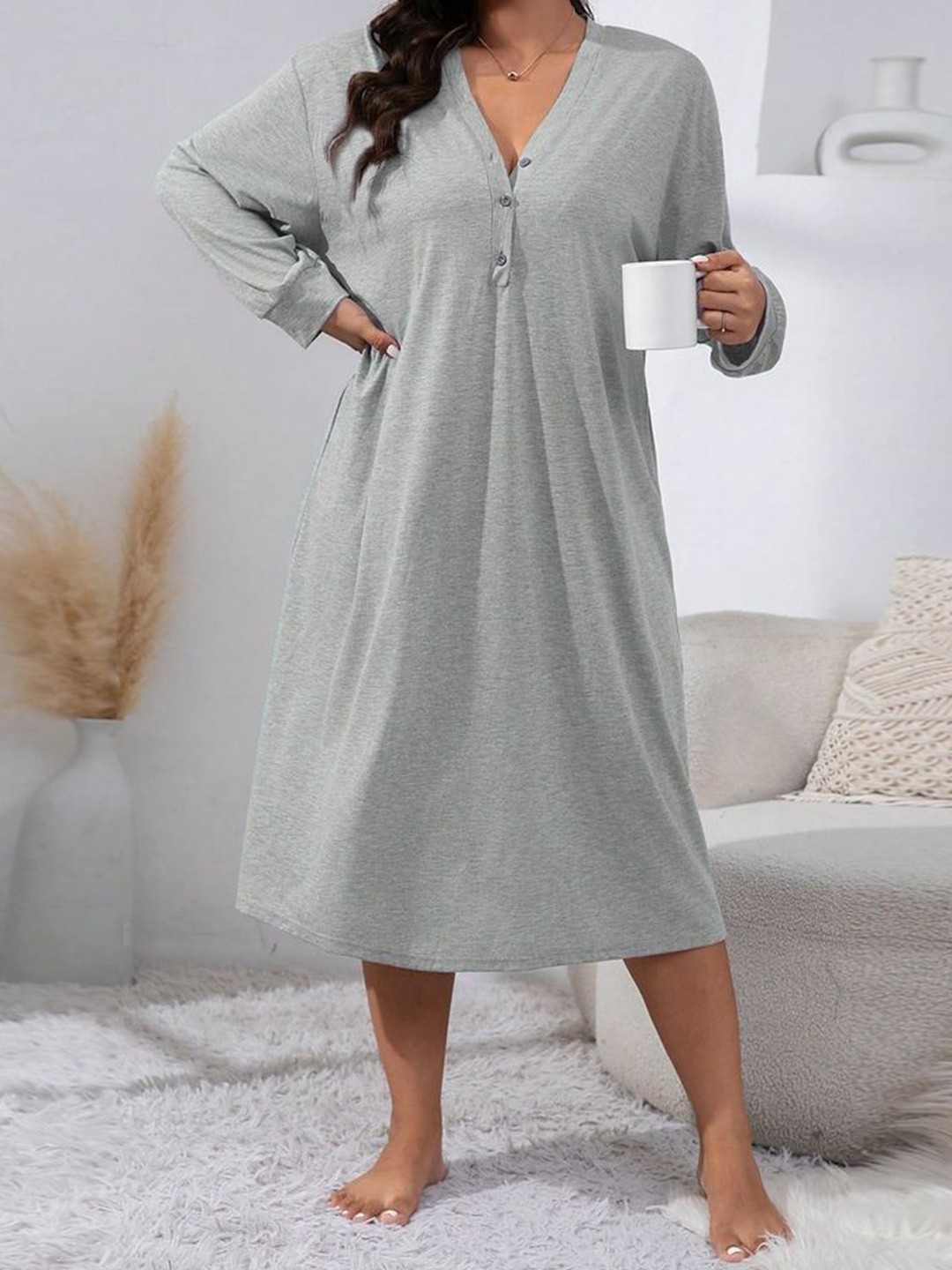 

LULU & SKY Women Plus Size V-Neck Midi Nightdress, Grey
