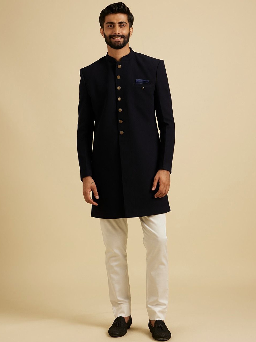 

Manyavar Men Self Designed Mandarin Collar Sherwani Set, Blue