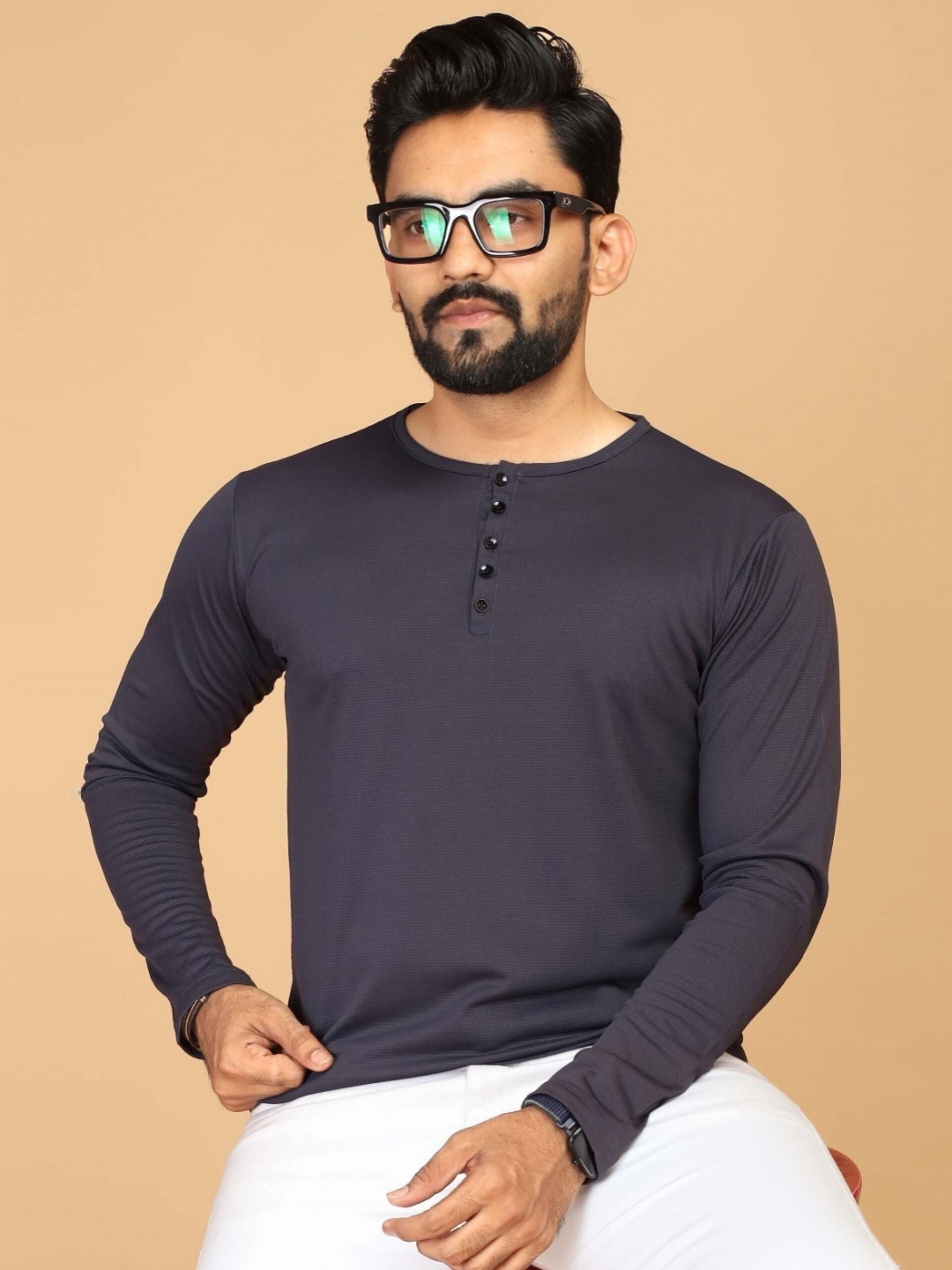 

STI Men Solid Henley Neck T-shirt, Navy blue