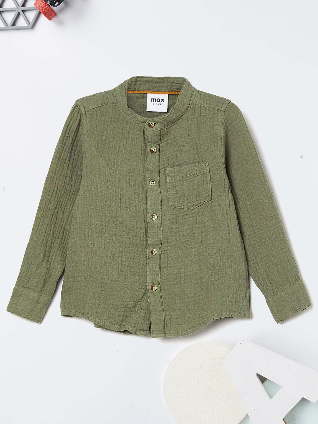 

max Boys Band Collar Textured Cotton Casual Shirt, Olive