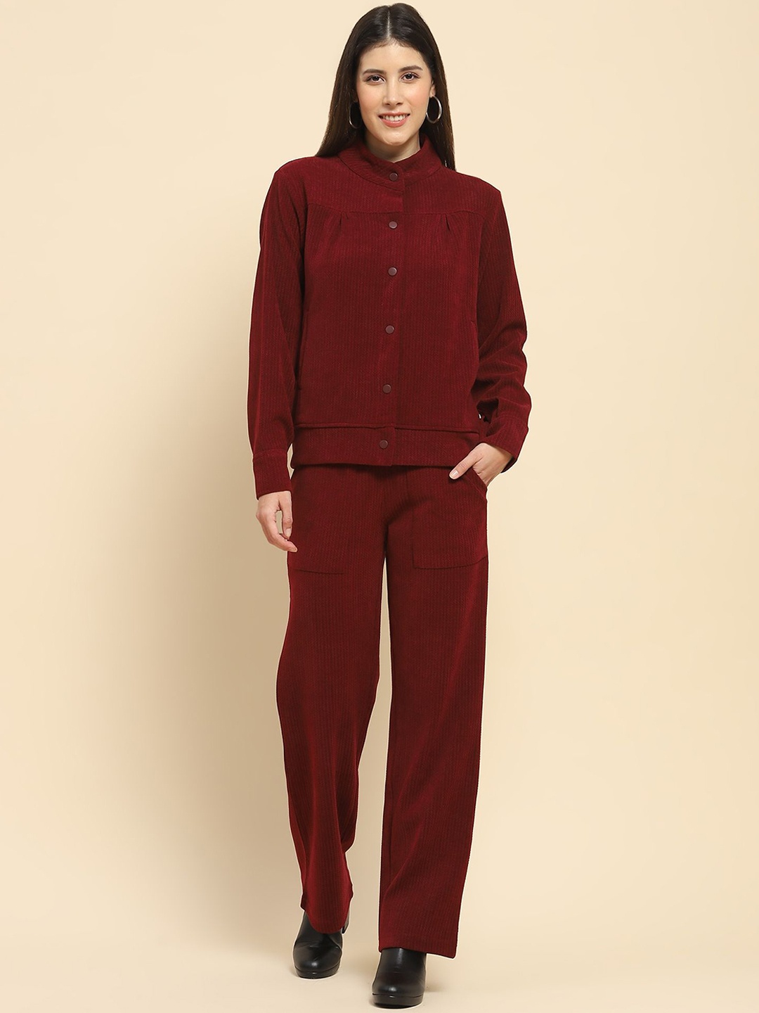 

Global Republic Self Design Mandarin Collar Sweatshirt With Trousers, Maroon