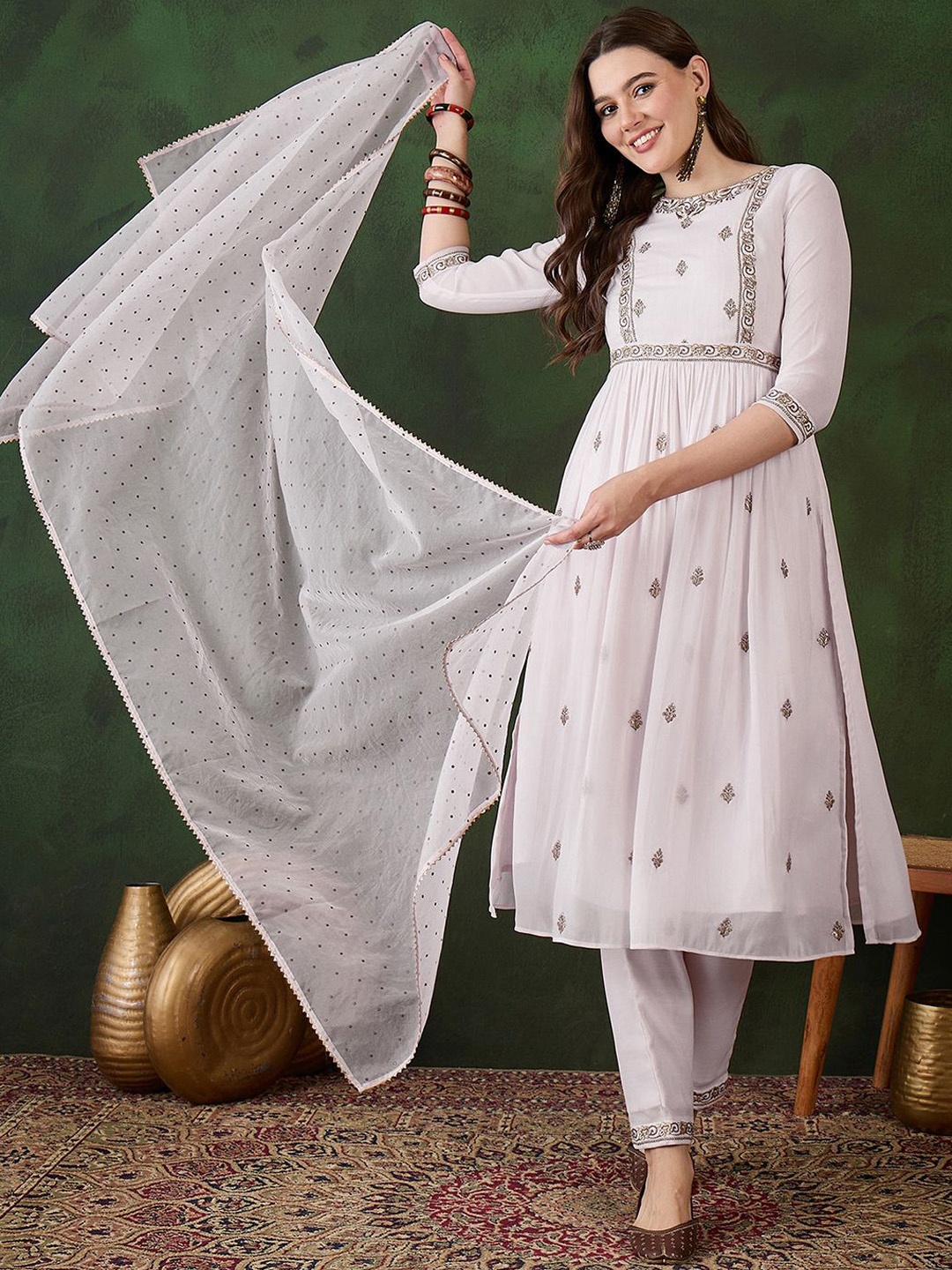 

Sangria Georgette Zari Sequence Embroidered Naira Cut Kurta With Pant And Dupatta, White