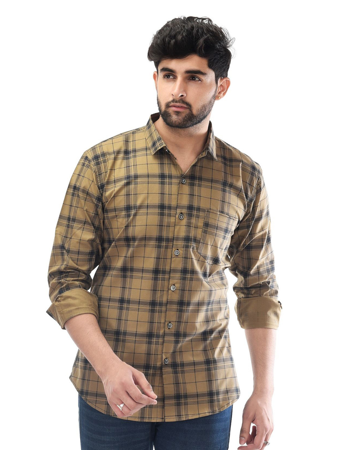 

Tanip Men Spread Collar Checked Cotton Casual Shirt, Brown
