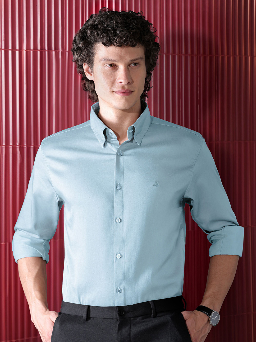 

Beyoung Men Spread Collar Solid Cotton Slim Fit Formal Shirt, Blue