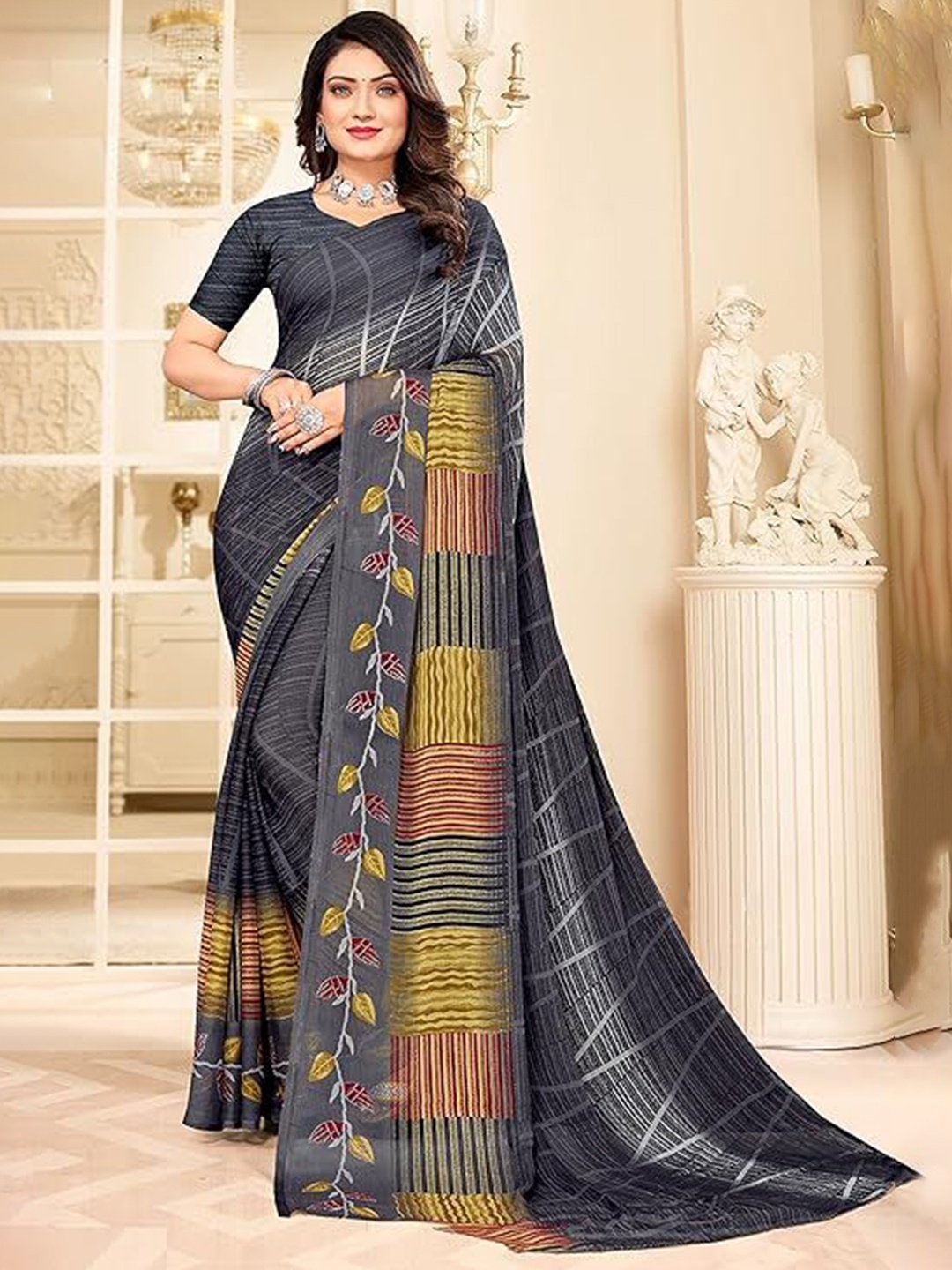 

Reboot Fashions Printed Pure Chiffon Saree, Grey
