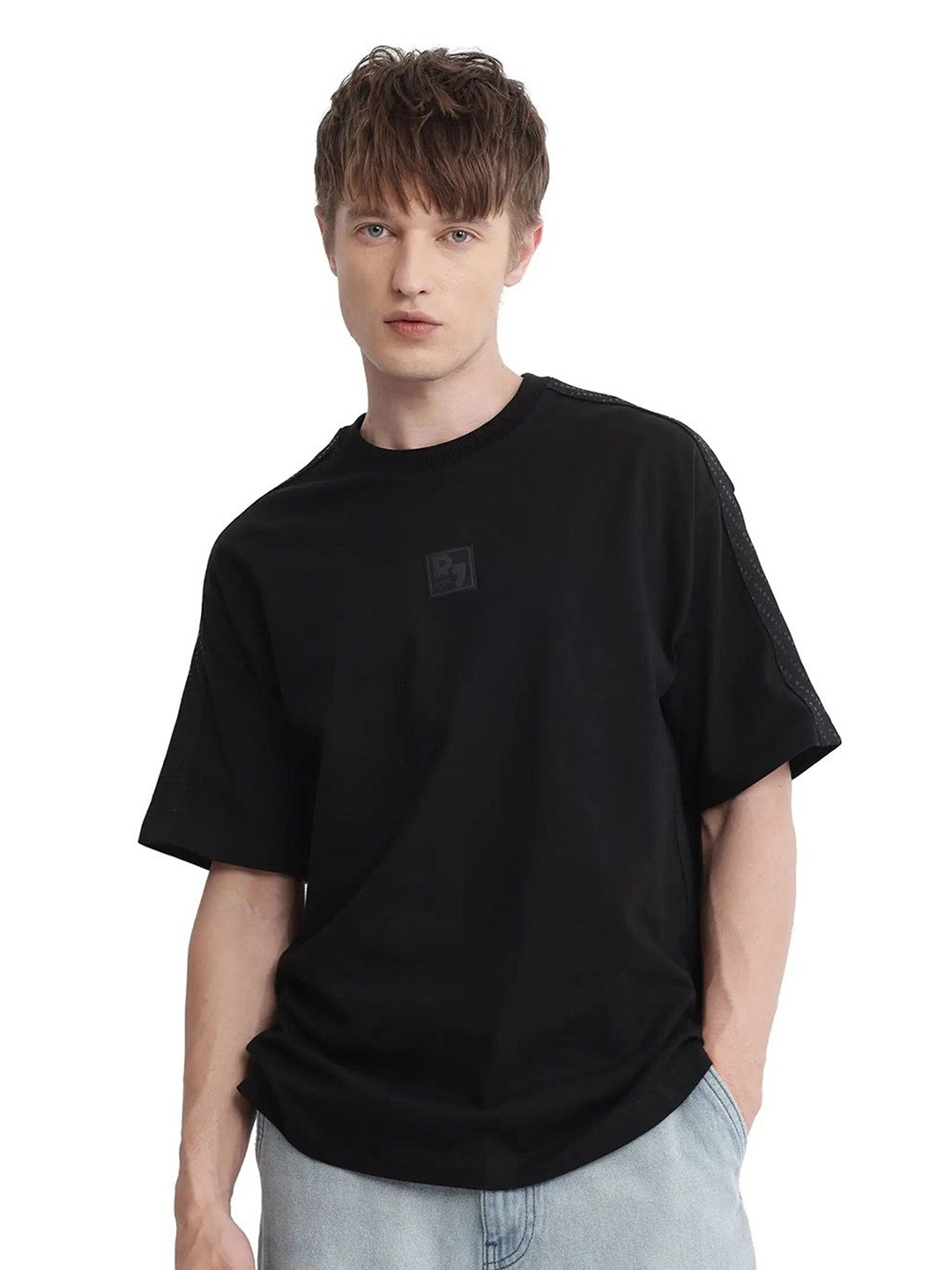 

RARE RABBIT Solid Round Neck Cotton Baggy T-shirt, Black