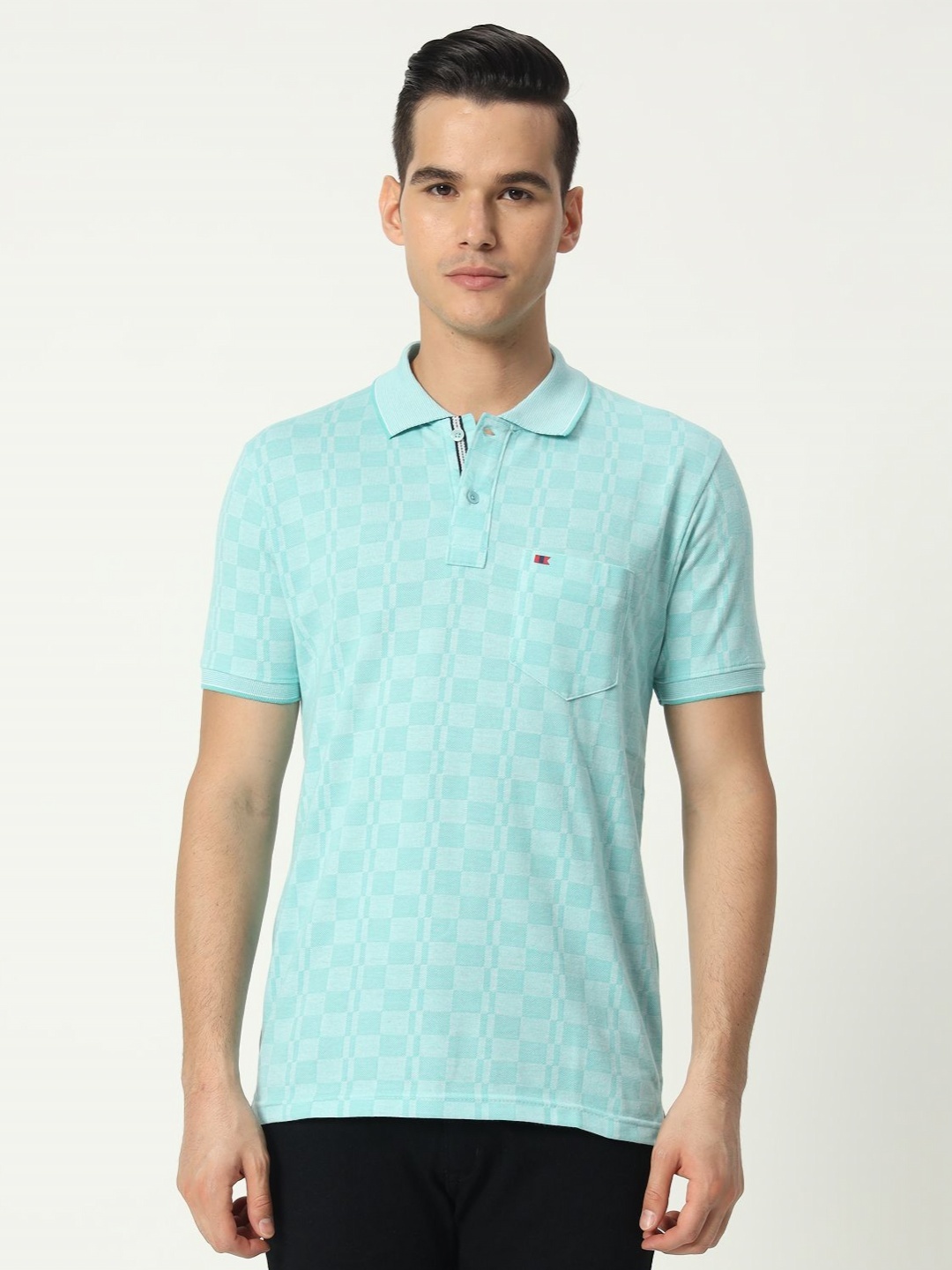 

TAB91 Men Checked Polo Collar Cotton T-shirt, Turquoise blue