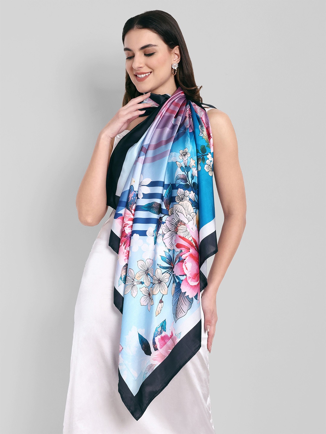 

Sarisp Women Floral Printed Satin Scarf, Blue