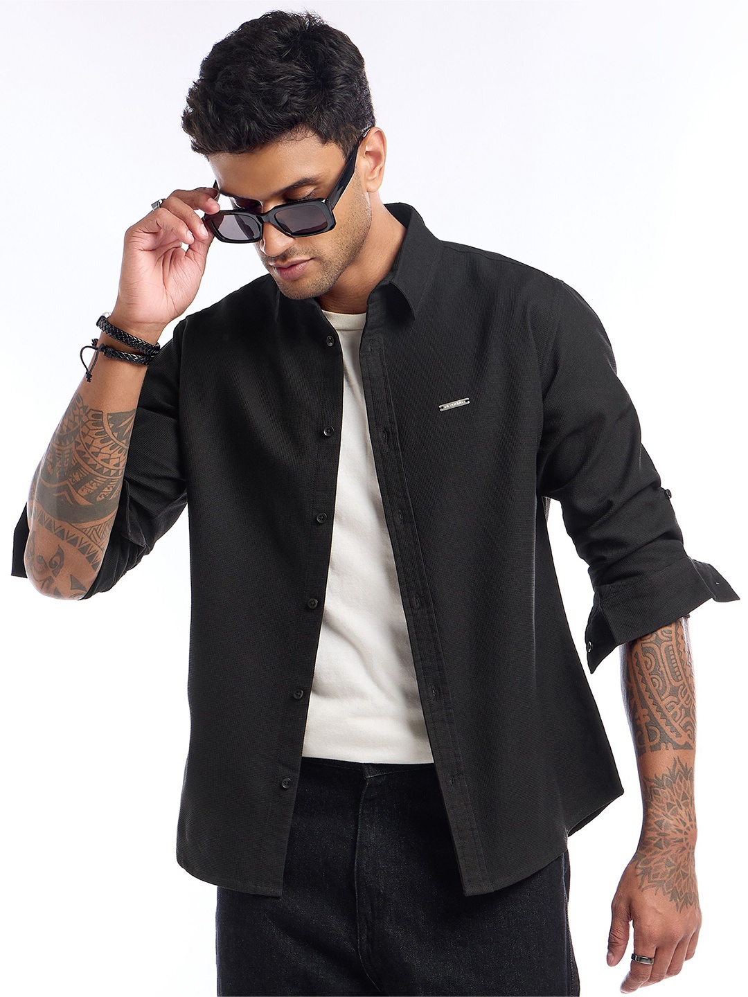 

Beyoung Men Spread Collar Textured Cotton Relaxed Fit Casual Shirt, Black