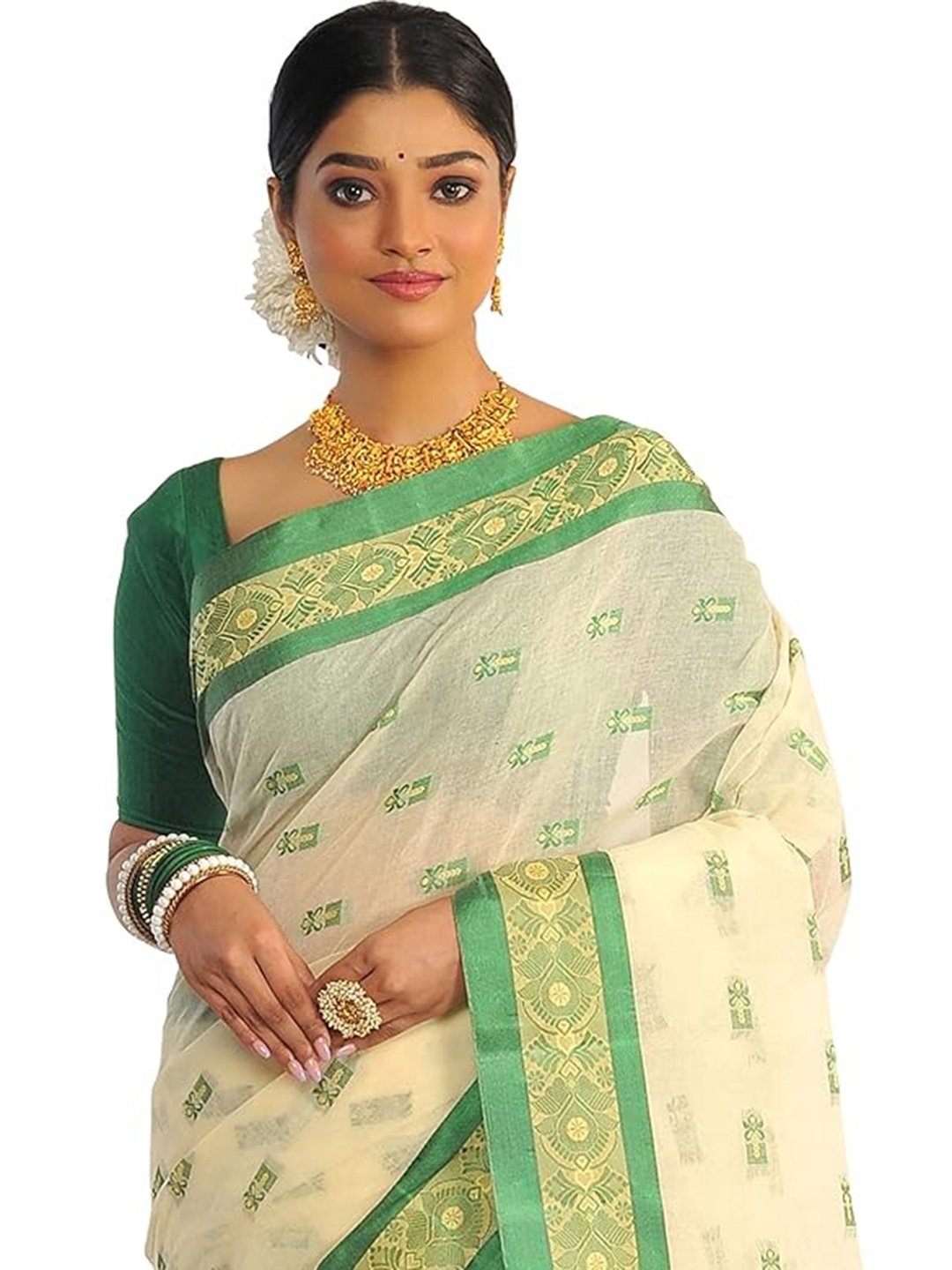 

RAJ SAREE HOUSE Woven Design Zari Pure Cotton Taant Saree, Off white