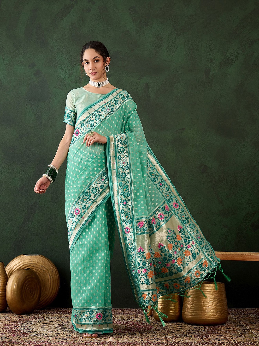 

Mitera Woven Design Zari Saree, Sea green