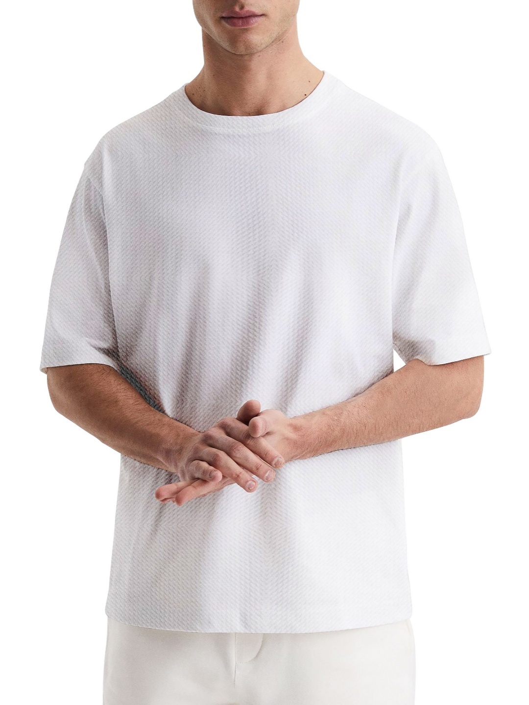 

London Hills Men Self Design Round Neck Oversized T-shirt, White