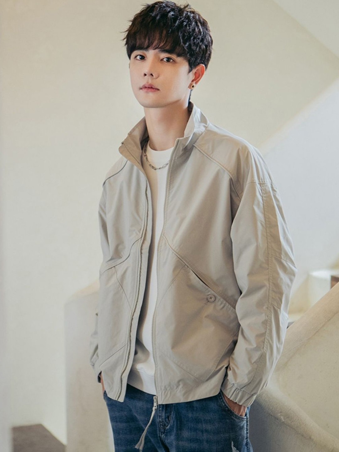 

HERE&NOW Men Mock Collar Solid Casual Bomber Jacket, Grey