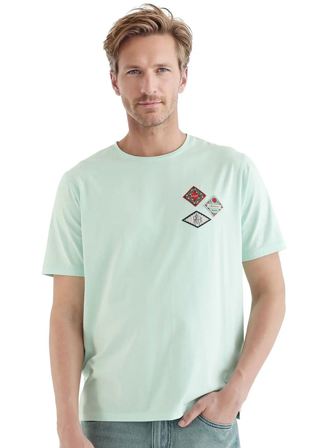 

RARE RABBIT Men Solid Round Neck Cotton Oversized T-shirt, Sea green