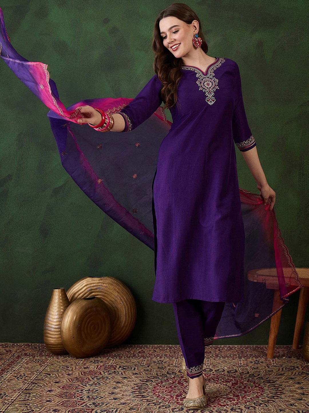 

Sangria Purple Floral Embroidered Zari Straight Kurta With Trouser & Dupatta