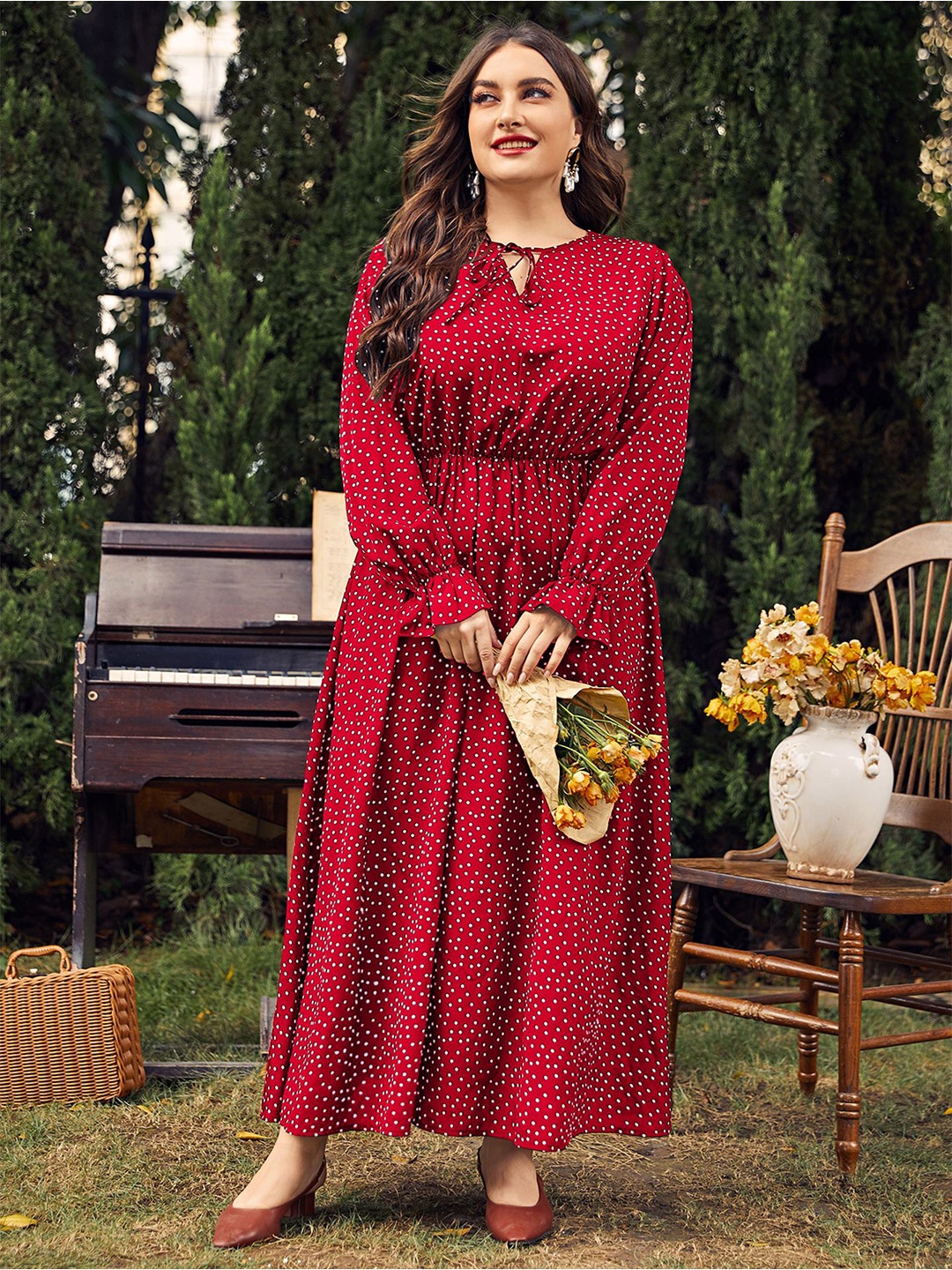 

StyleCast Curve Women Printed Tie-Up Neck A-Line Maxi Dress, Red