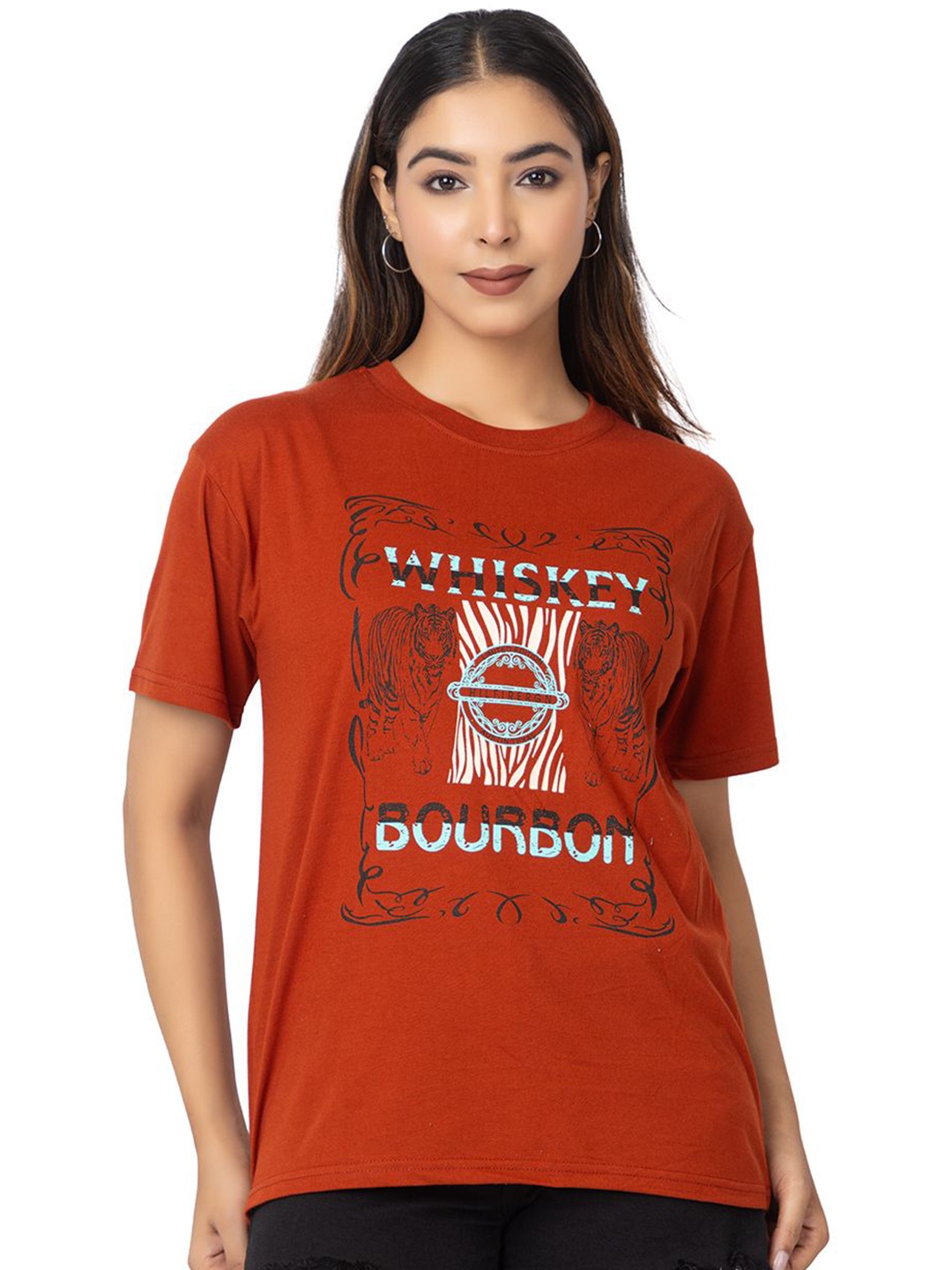 

HILFIRE REGION Women Graphic Printed Round Neck Cotton T-shirt, Rust