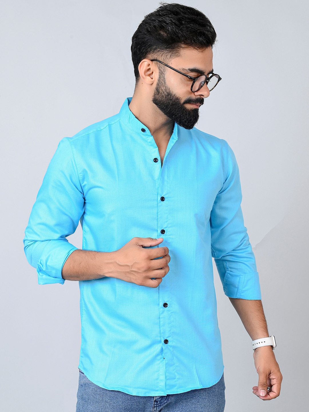 

Tanip Men Mandarin Collar Solid Cotton Casual Shirt, Blue