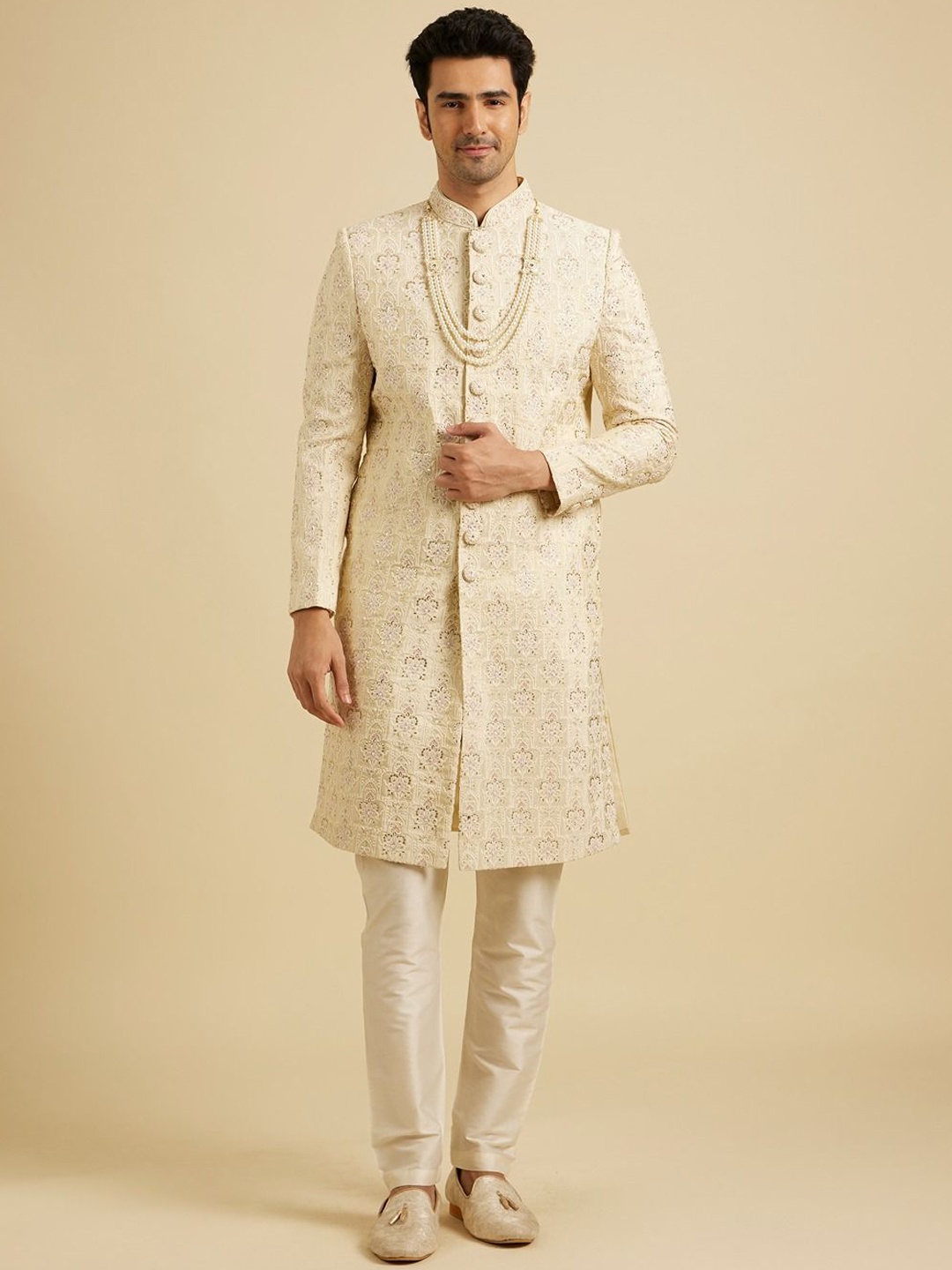 

Manyavar Men Mirror Work Embroidered Sherwani Set, Beige