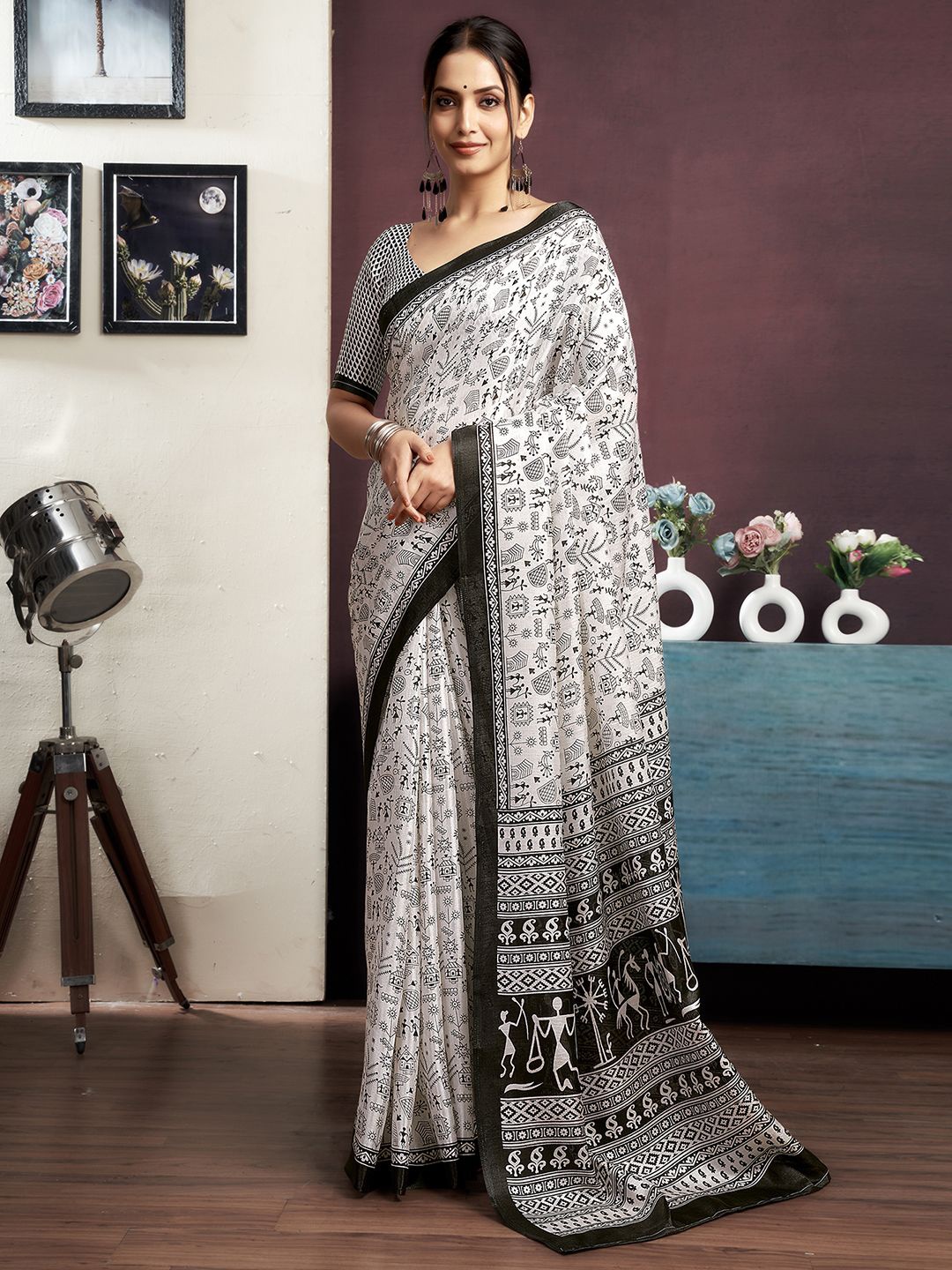 

KALINI Warli Printed Saree With Blouse Piece, White