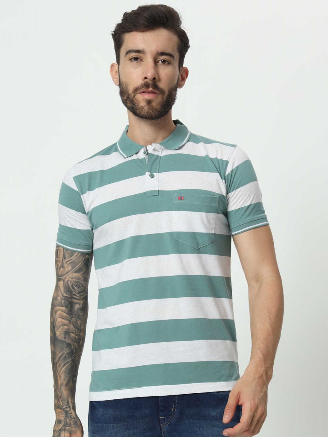

TAB91 Men Striped Polo Collar Cotton T-shirt, Sea green