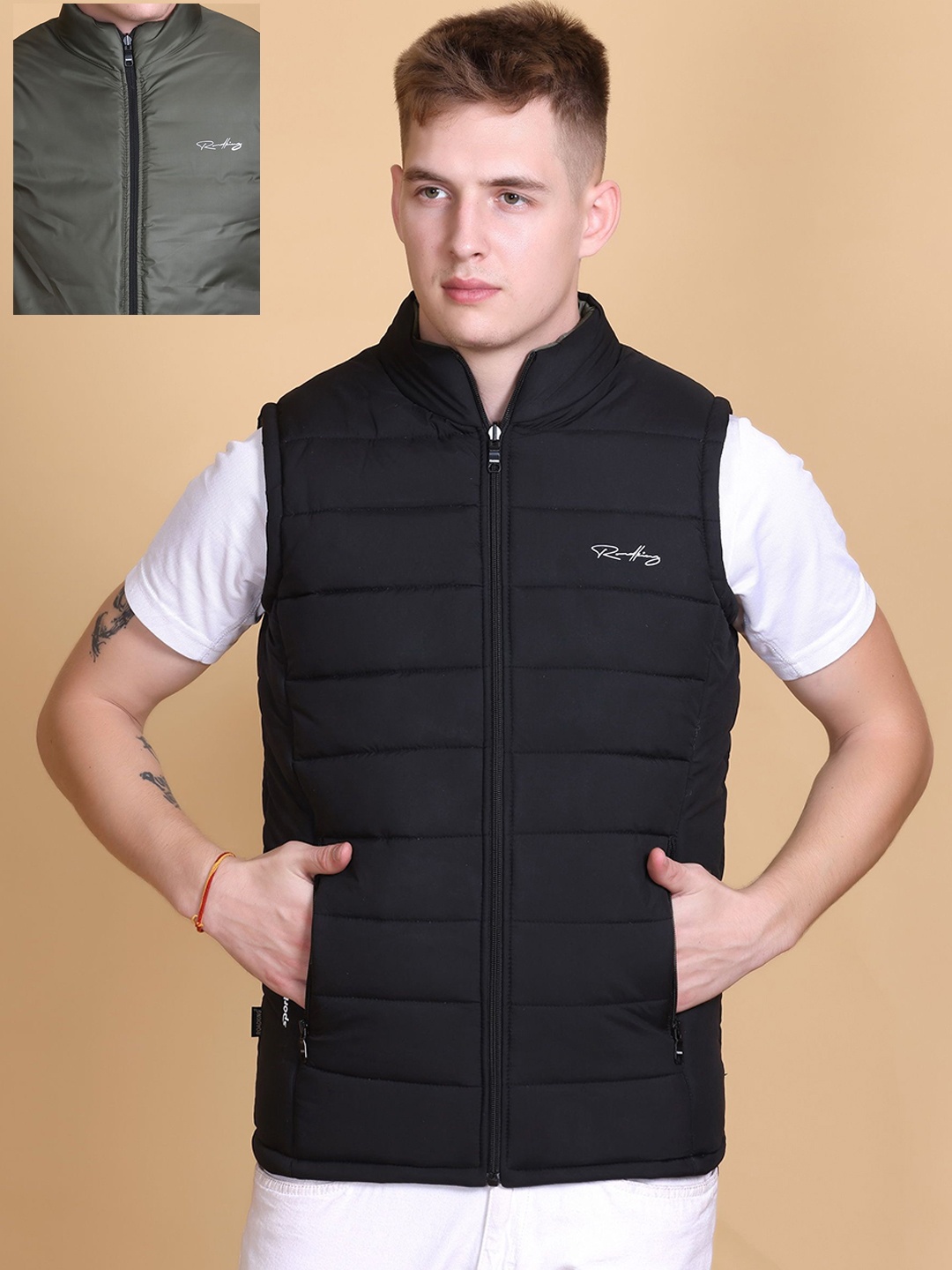 

Roadking Men Mock Collar Solid Casual Gilet Jacket, Black