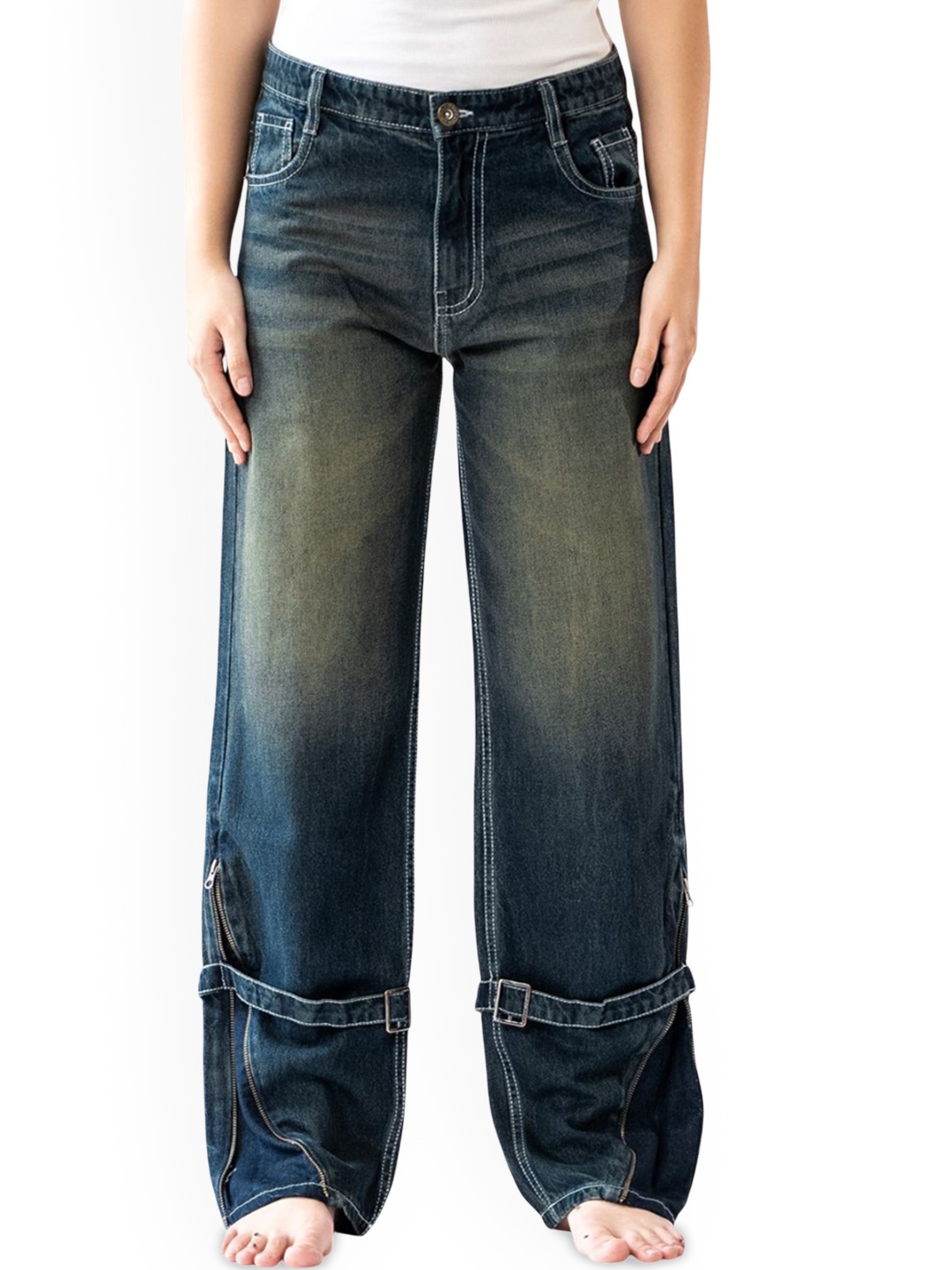 

Bad and Boujee Unisex Relaxed Fit Low Distress Heavy Fade Stretchable Jeans, Blue