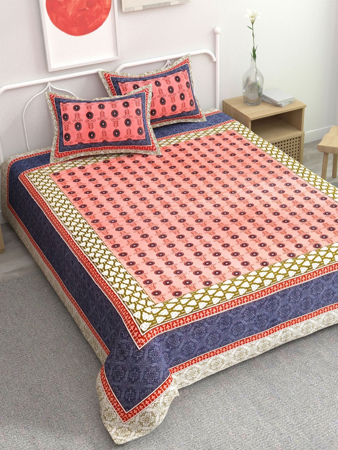 

Adwitiya Orange Coloured Ethnic 220 TC Pure Cotton Double King Bedsheet Set 2.41 m x 2.74 m