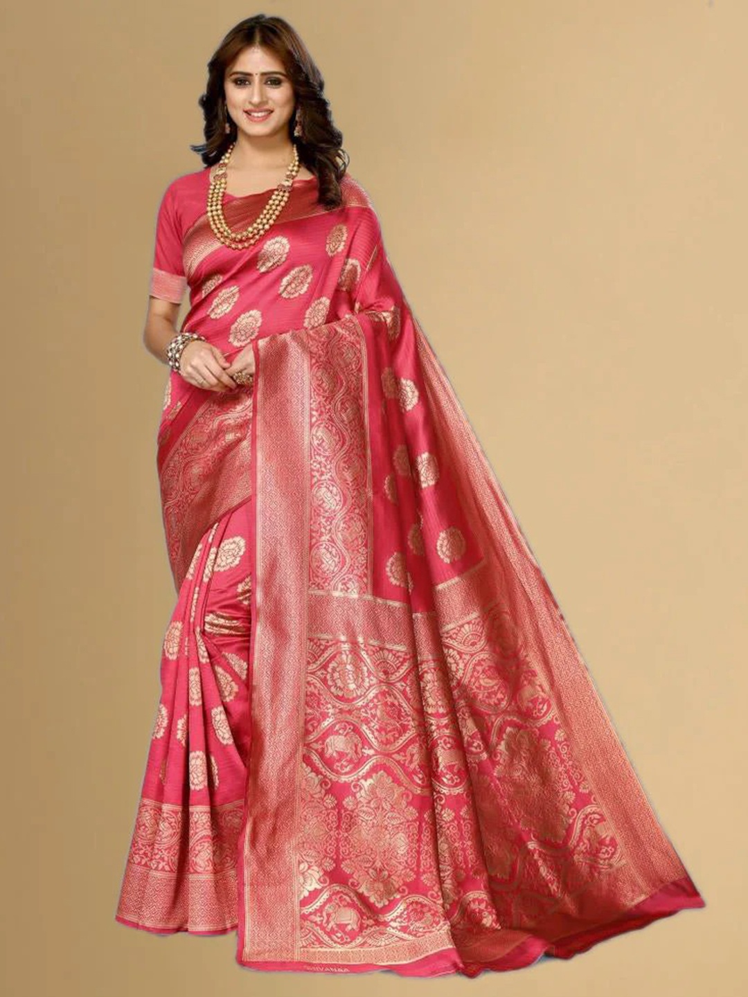 

KALINI Woven Design Zari Pure Silk Kanjeevaram Saree, Peach
