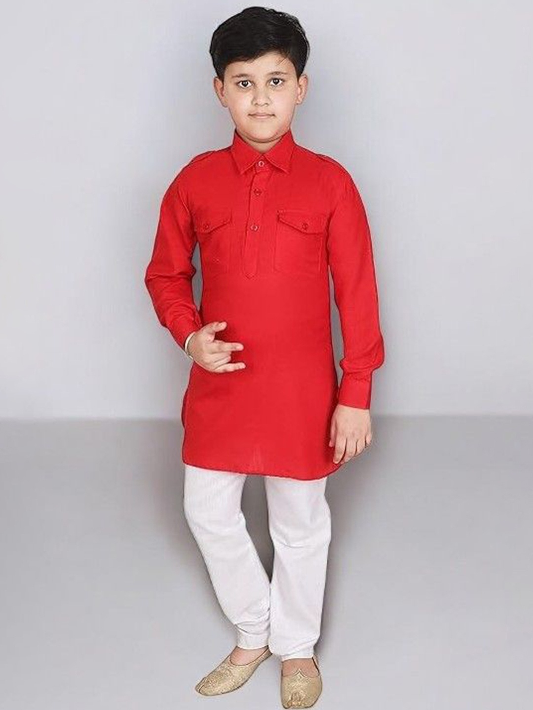

Eliq Boys Shirt Collar Regular Pure Cotton Straight Kurta With Pyjamas, Red