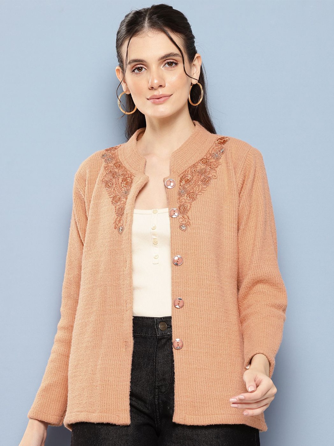 

BAESD Women Floral Embroidered Front-Open Sweater, Peach