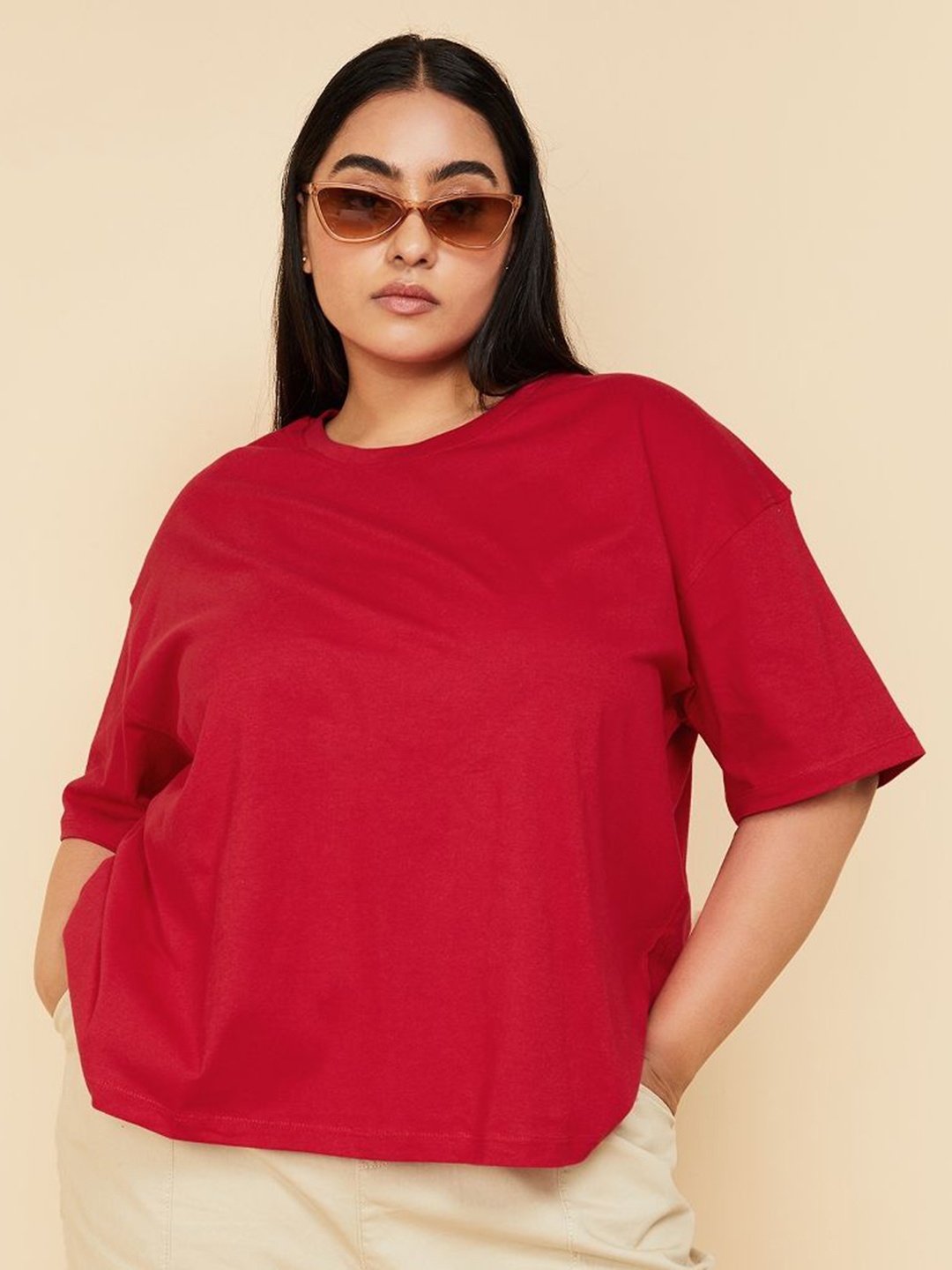 

max Women Solid Round Neck Cotton Relaxed Fit T-shirt, Red