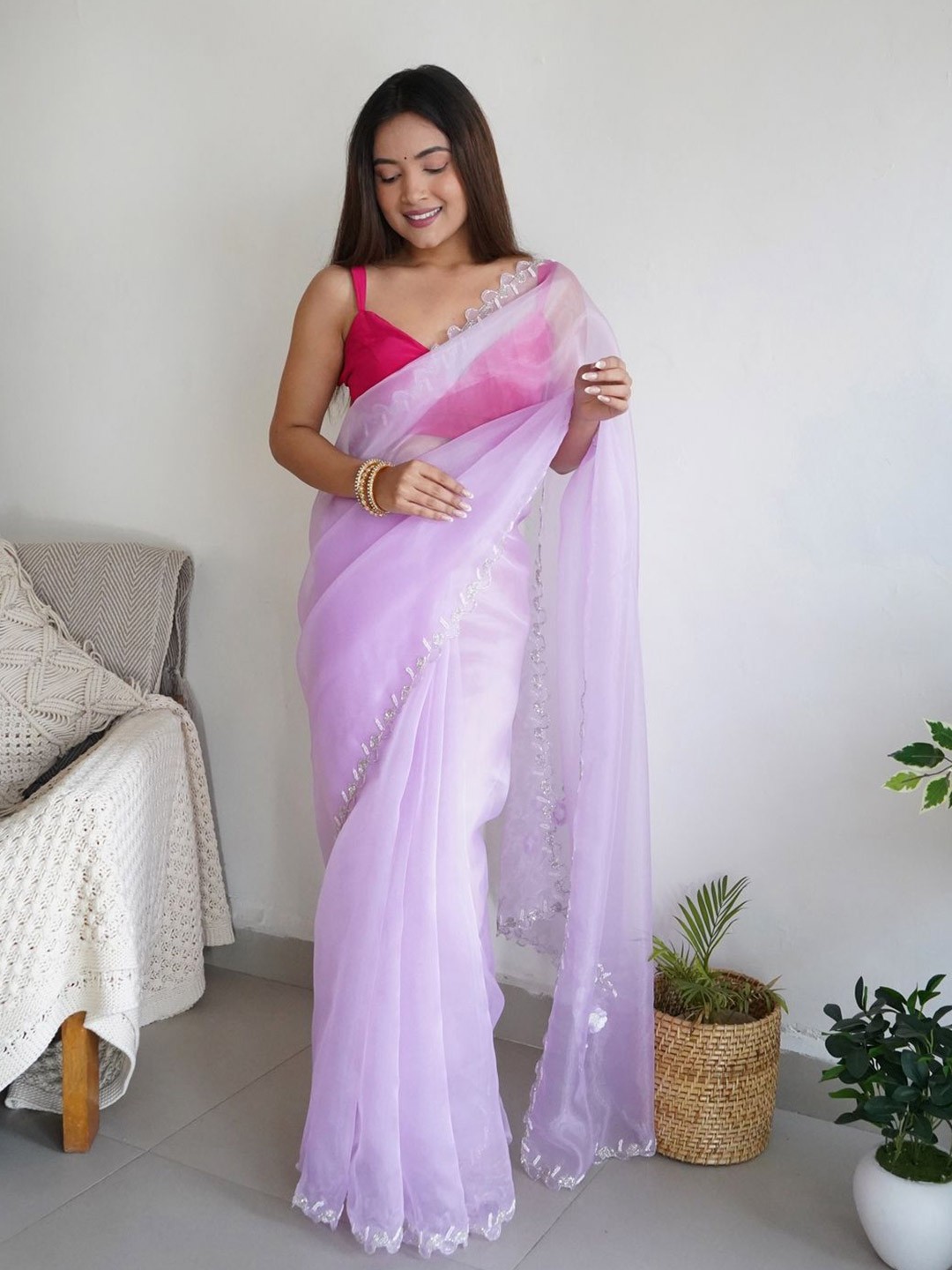 

Anouk Ethnic Motifs Embellished Beads and Stones Organza Saree, Lavender