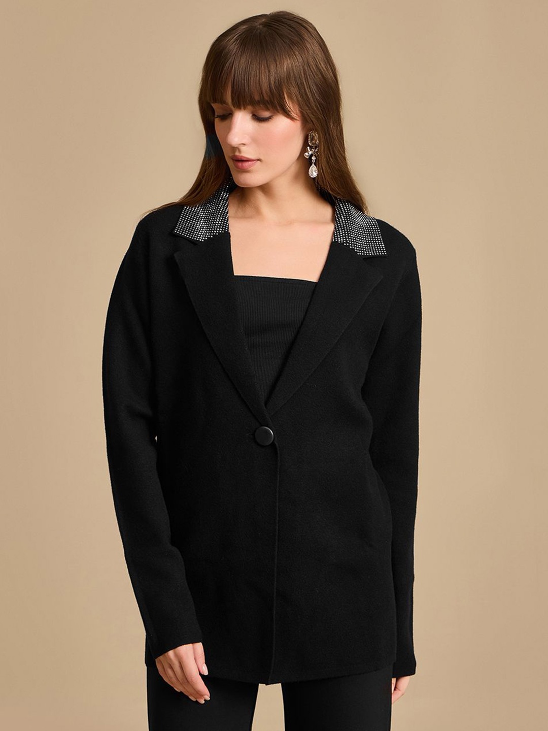 

Kazo Women Longline Embellished Open Front Jacket, Black