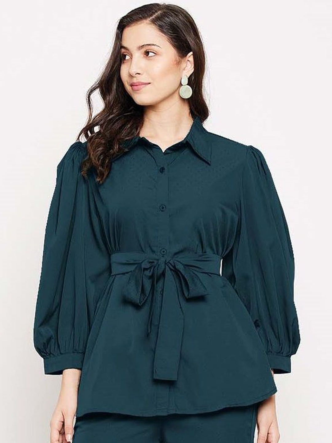

DressBerry Women Puff Sleeves Shirt Style Top, Green