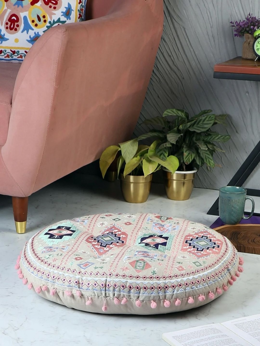 

Decoghar Pink Embroidered Cotton Floor Cushion