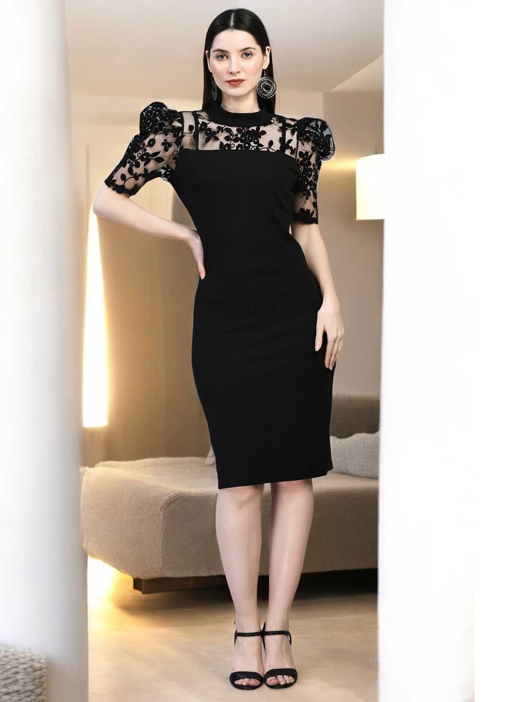 

BAESD Puff Sleeves Cotton Bodycon Dress, Black