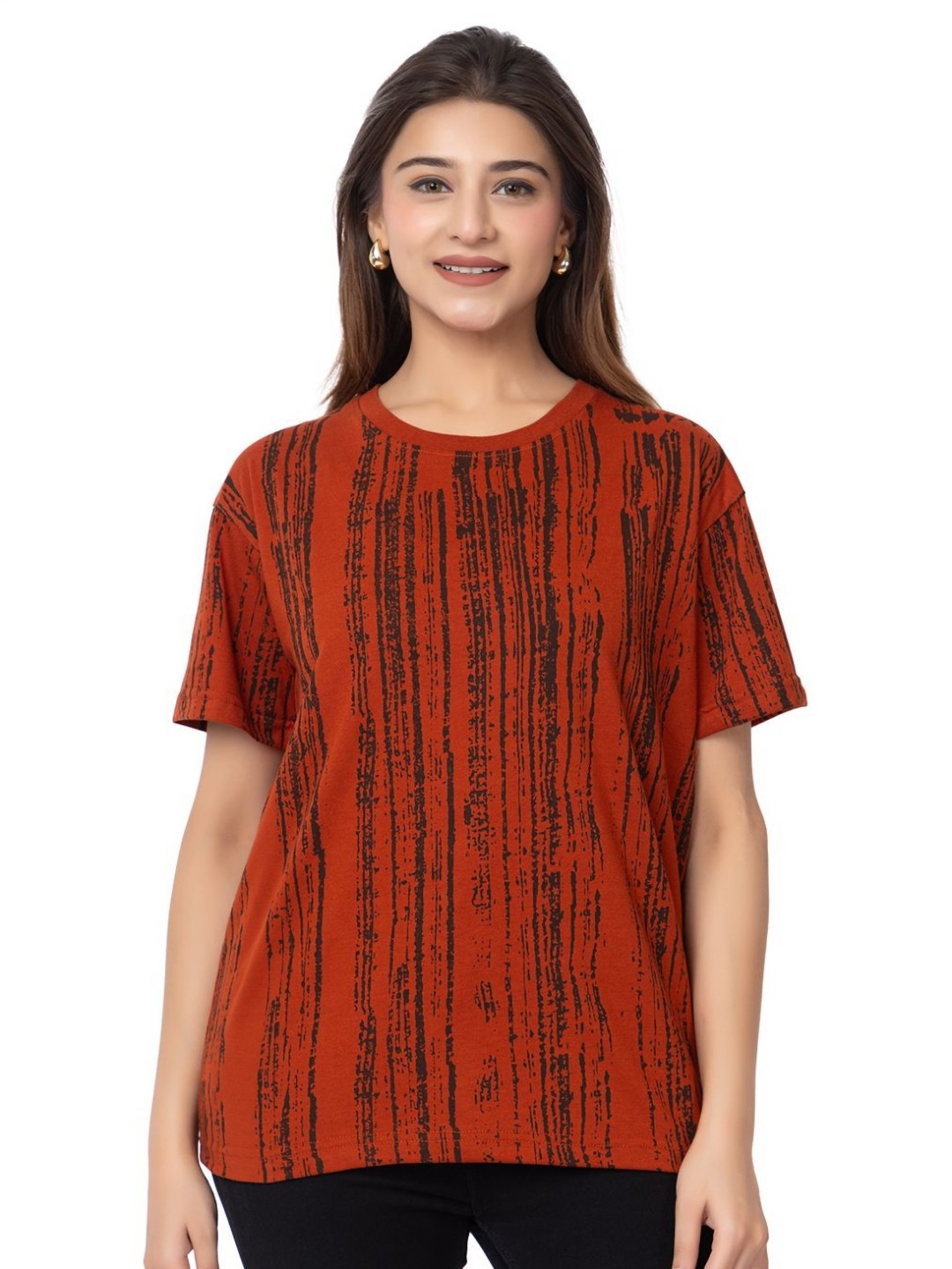 

HILFIRE REGION Women Striped Round Neck Cotton T-shirt, Rust