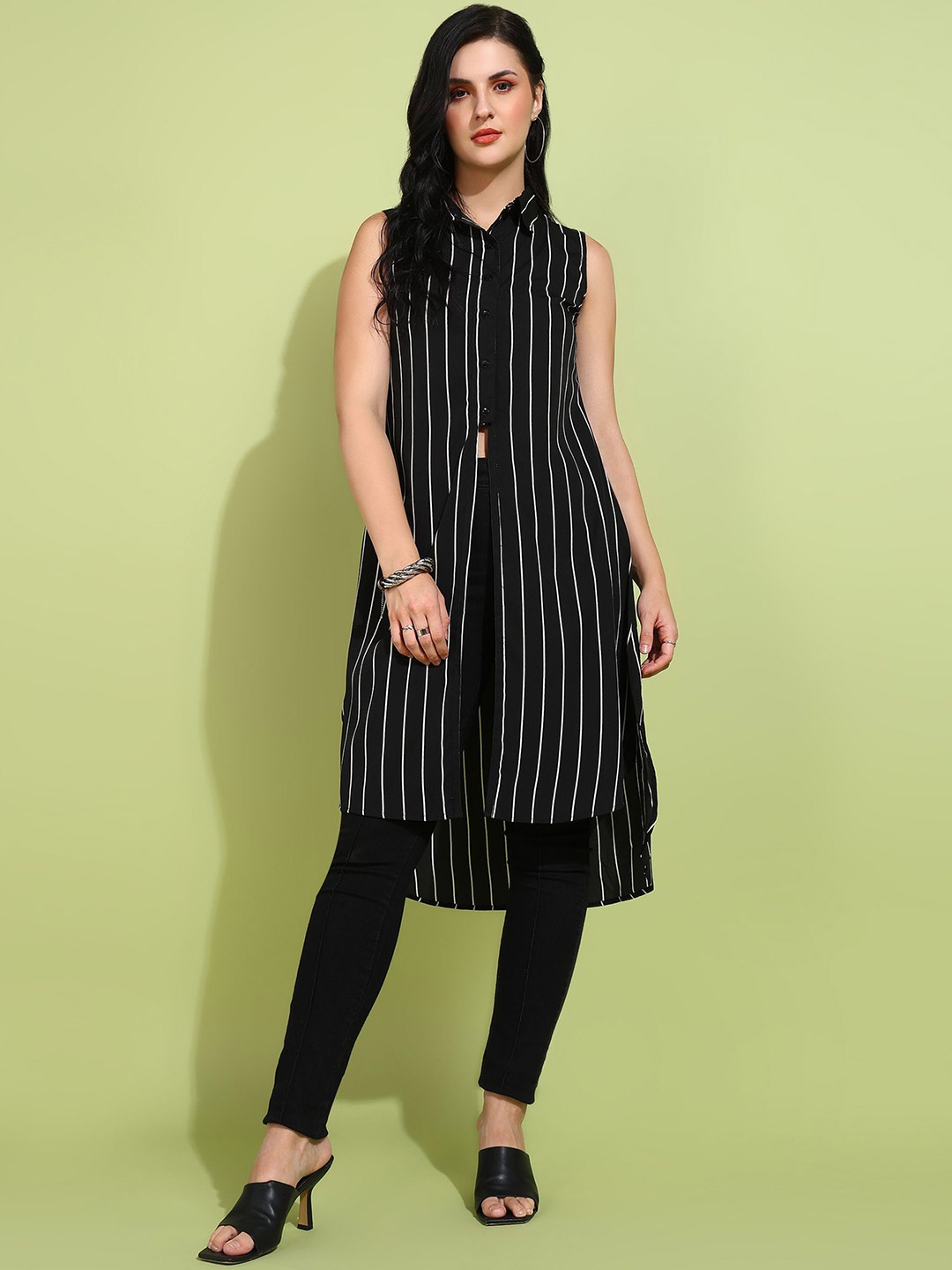 

DressBerry Striped Mandarin Collar Shirt Style Longline Top, Black