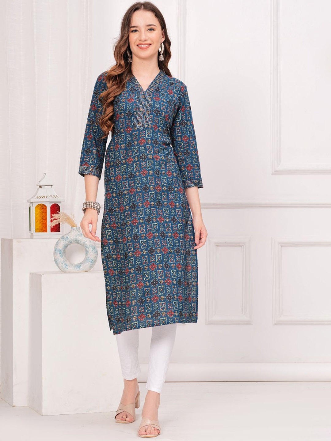 

KALINI Floral Printed Cotton Straight Kurta, Blue