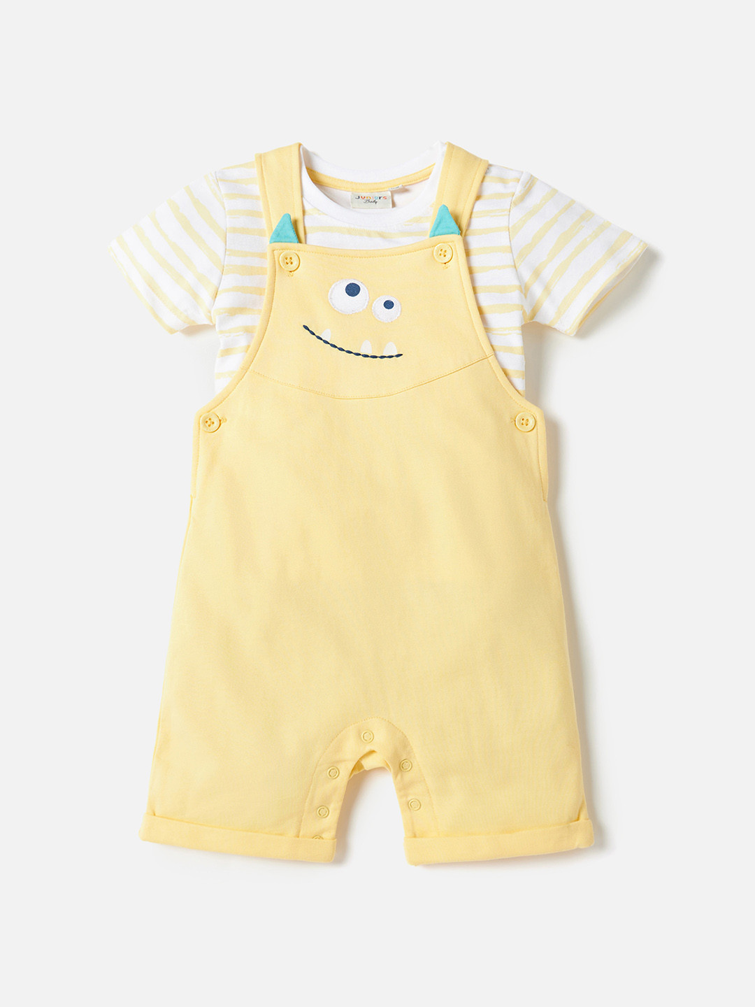 

Juniors by Babyshop Boys Printed Dungaree With Striped T-shirt, Yellow