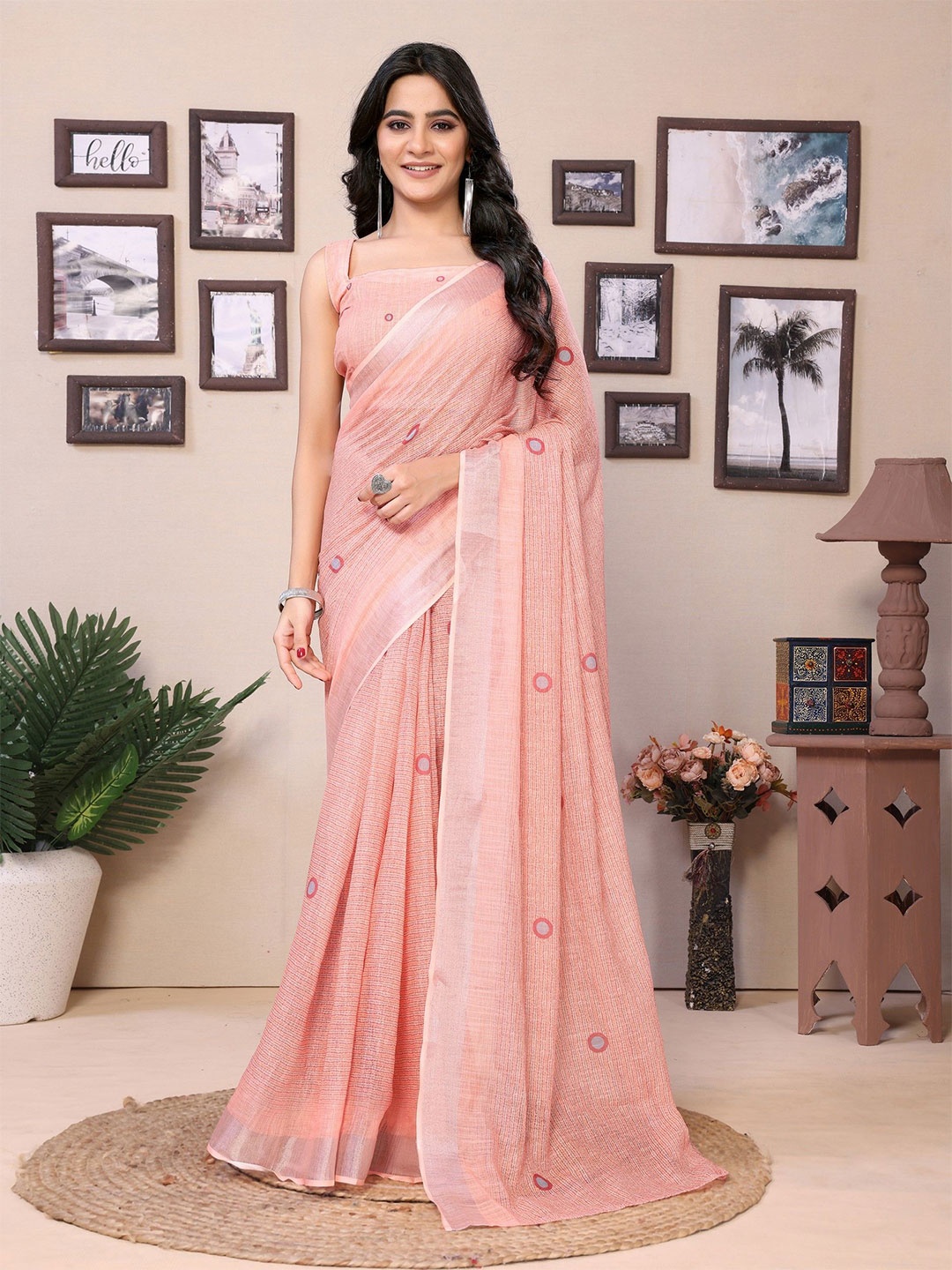 

LeeliPeeri Designer Polka Dot Printed Ready To Wear Saree, Peach