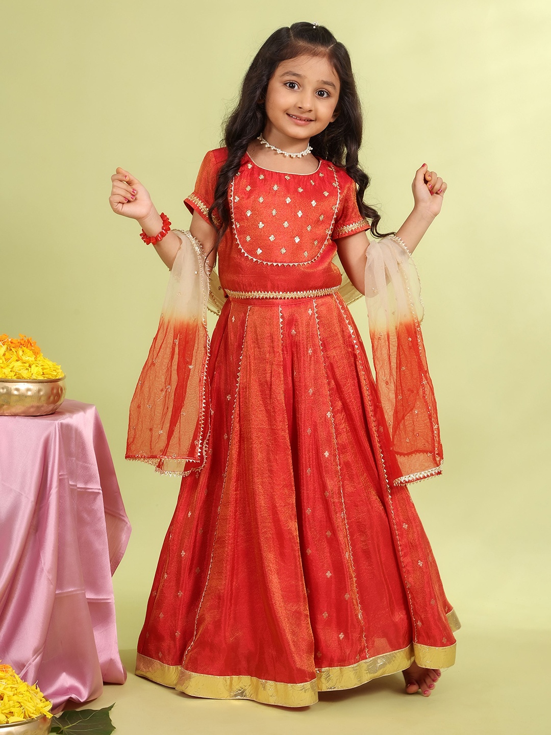 

MASTARANG Girls Embroidered Lehenga Choli Set, Red