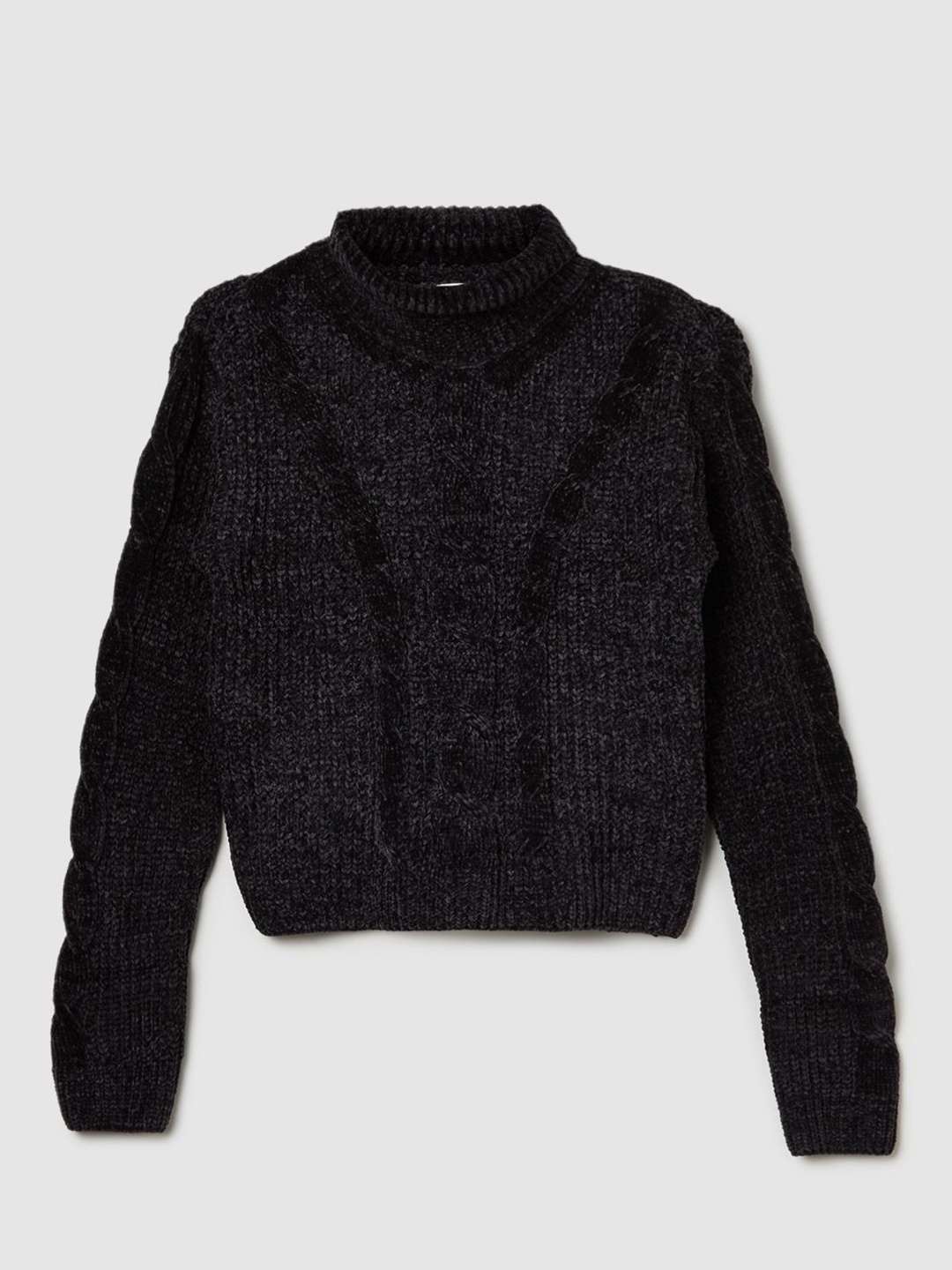 

max Girls Self Design Cable Knit Turtle Neck Pullover Sweaters, Black