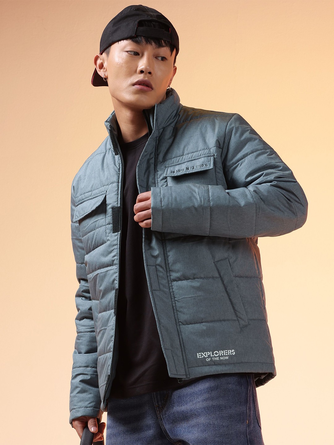 

Beyoung Men Mock Collar Solid Casual Padded Jacket, Blue