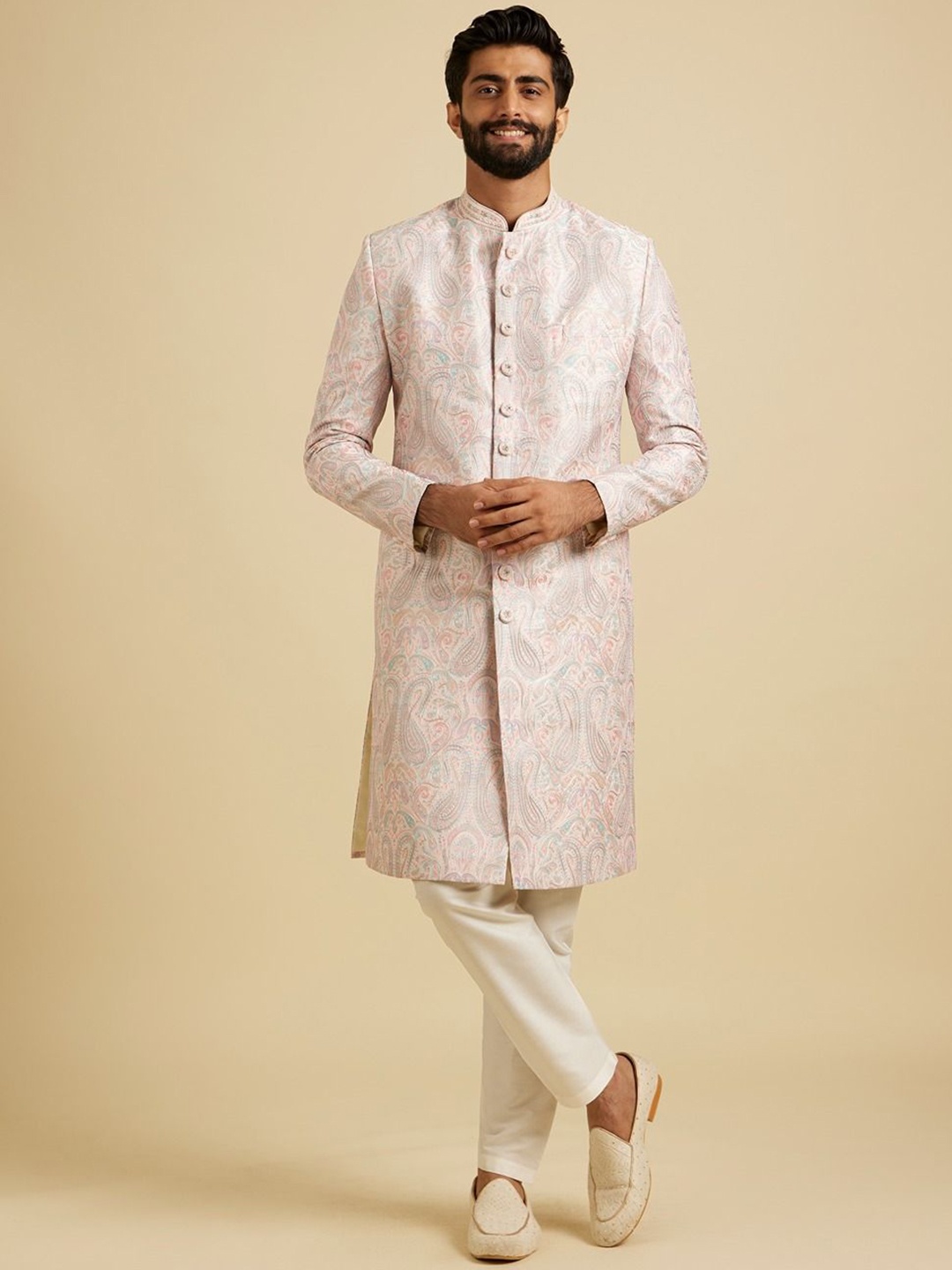 

Manyavar Men Embroidered & Printed Sherwani Set, Pink