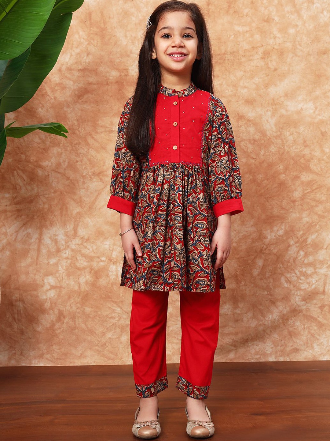 

Readiprint Girls Floral Printed Pleated Pure Cotton A-Line Kurta with Palazzos, Red