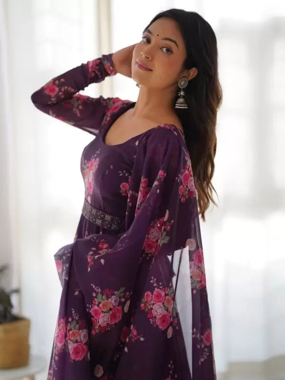 

Femvy Women PrintedFit & Flare Maxi Ethnic Dresses With Dupatta, Purple